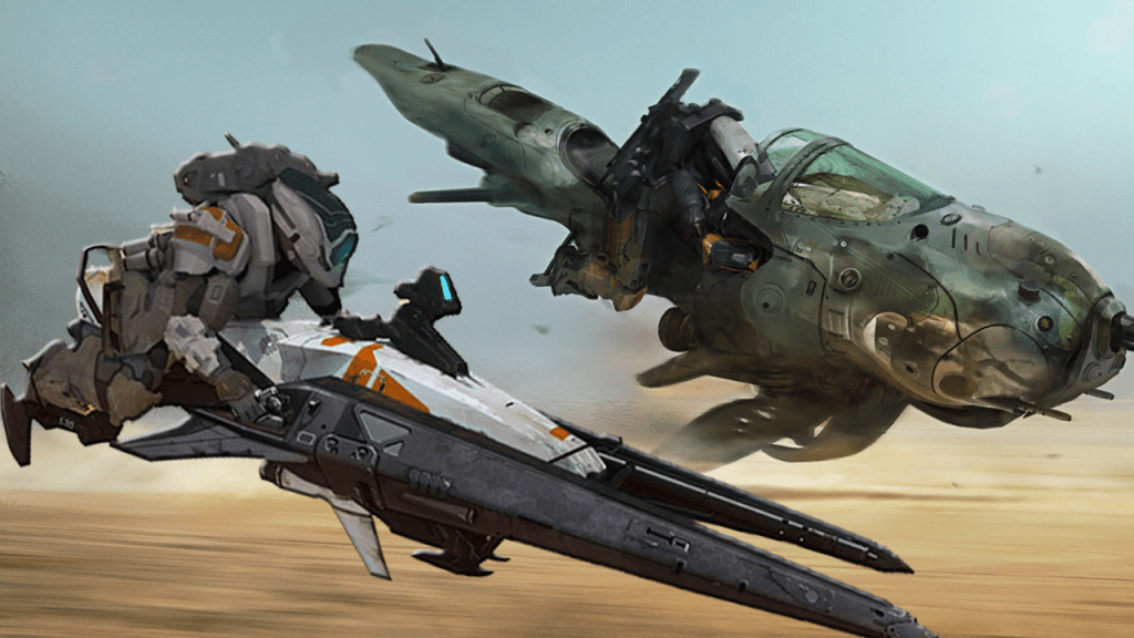 A pike hover bike racing a Guardian on a sparrow. 