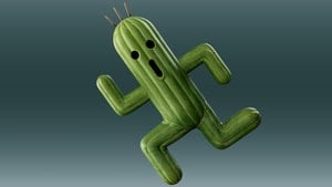 A small ridiculous cactus man running.