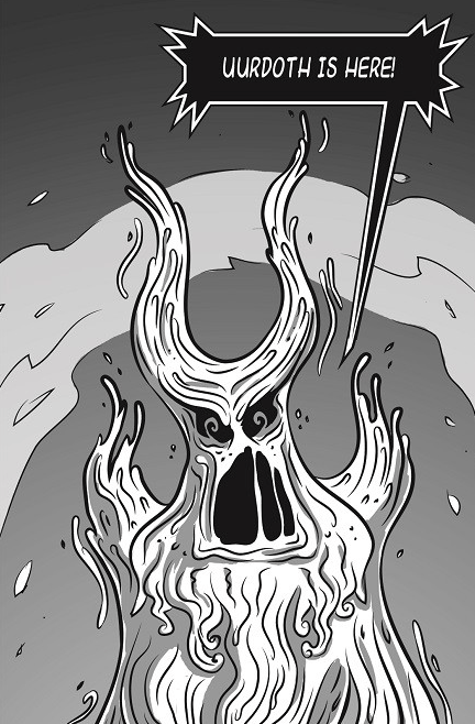 A screenshot of the "Shrouded City" comic Nate wrote, with a pasta monster front and center with the word "UURDOTH IS HERE" in a jagged word bubble above his head.