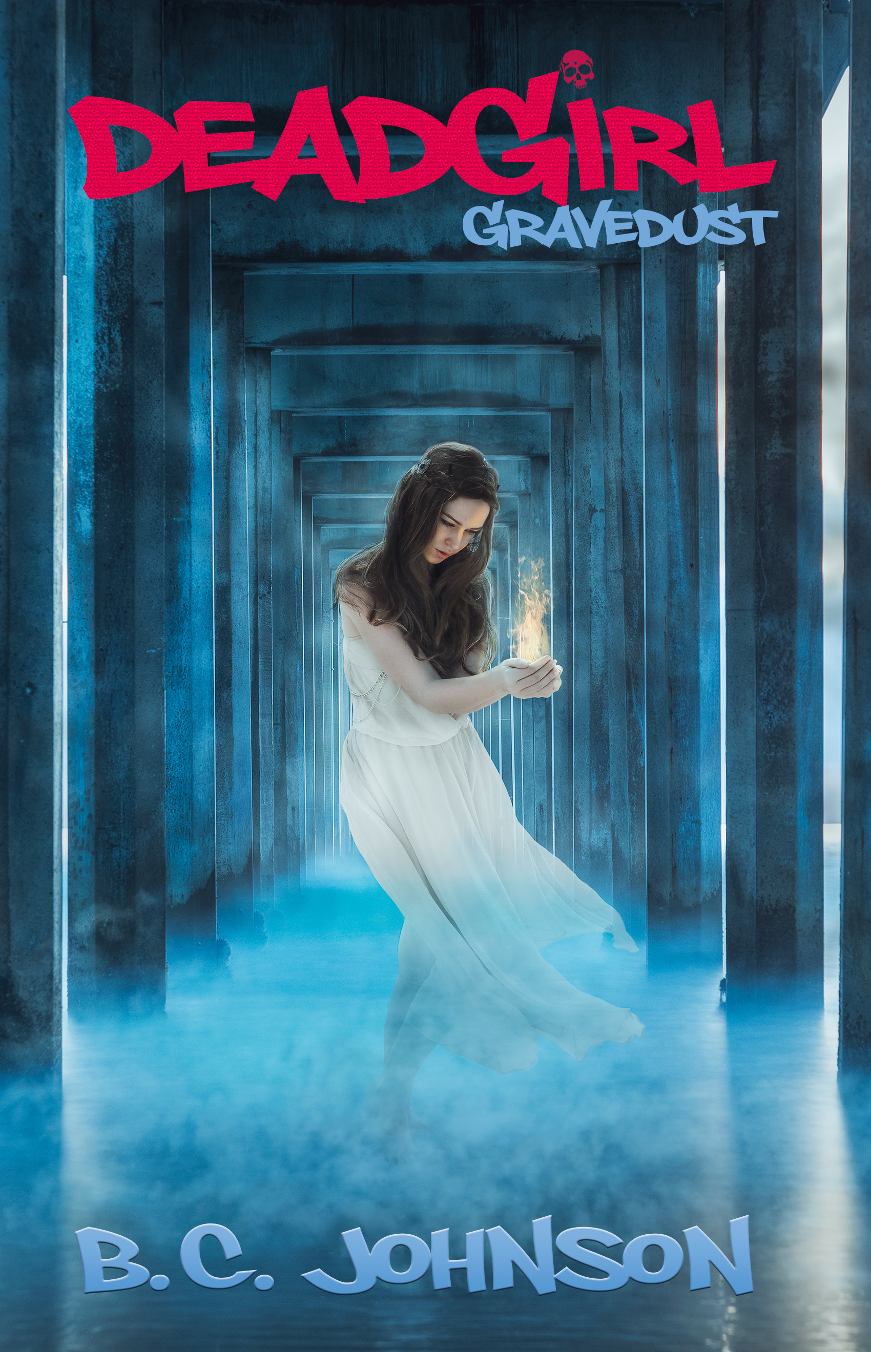 Cover for Deadgirl Gravedust by BC Johnson, showing a dark haired girl under a dock holding a candle. She is also phasing out, and is semi-transparent.
