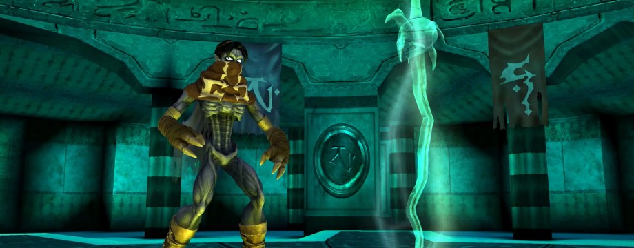 Raziel the noble but deformed vampire stand before the spectral Soul Reaver sword.