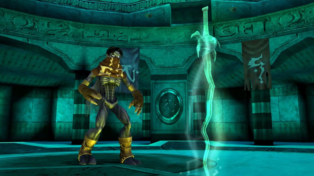 Raziel, the noble but deformed vampire, standing in a stone shrine with columns. A spectral Soul Reaver sword stands vertically in front of him. 